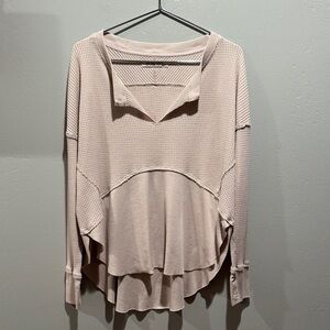 We The Free Cream Beige Monterey Waffle Thermal Long Sleeve Split Neck Top Shirt